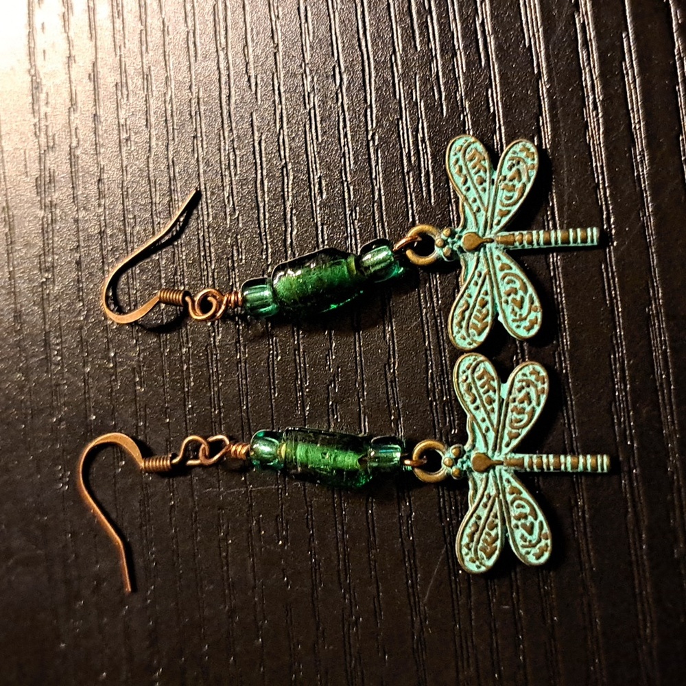 Green Copper Patina Dragonfly Charm & Green Glass Bead Earrings in Copper